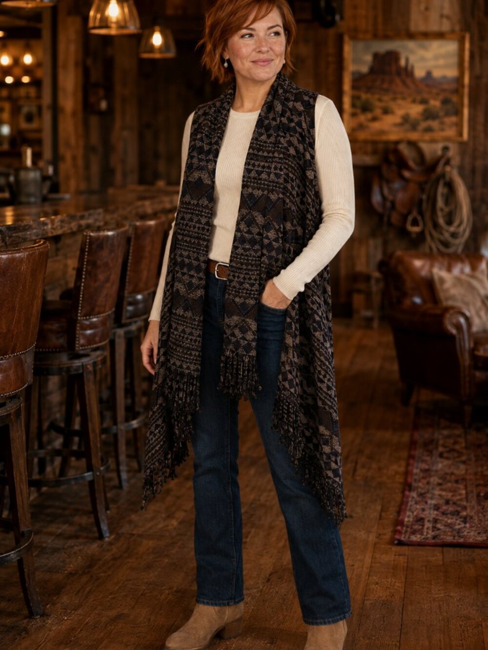 Bob Timberlake 2017 L southwestern wool blend Geometric Patterned Fringe Vest